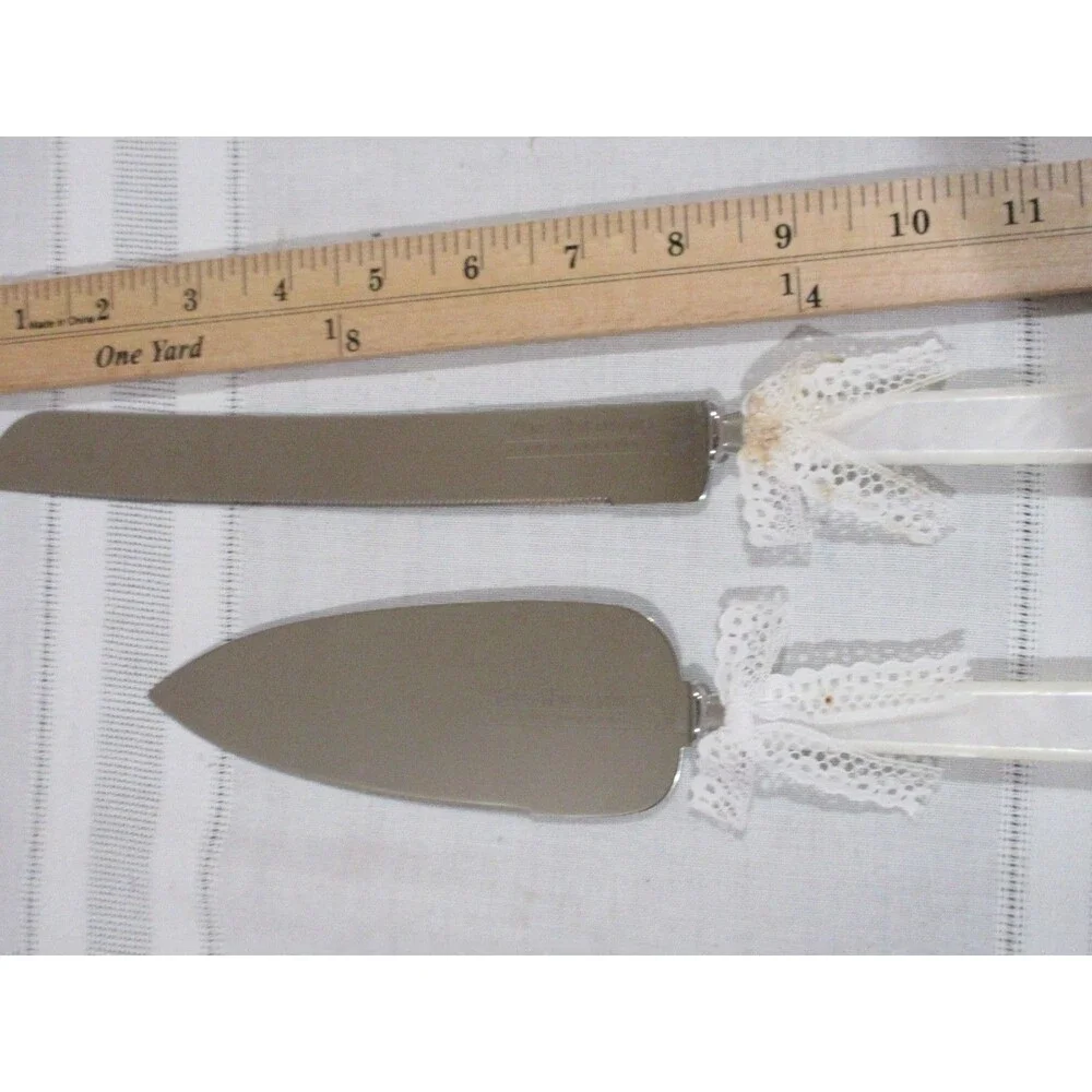 Bridal Knife Cake Cutting Set Loves Remembrance Stainless Steel Pearlized